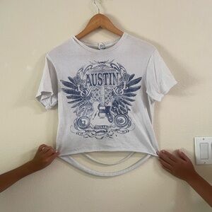 White and Blue AUSTIN Graphic Crop Tee with back design